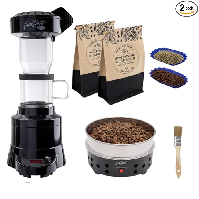 Fresh Roast Coffee Roaster Bundle SR540 Glass Extension Tube Coffee Bean Cooler (2 Lbs) Sample Packs of Green Beans (2-pack) Sample trays Chaff Brush