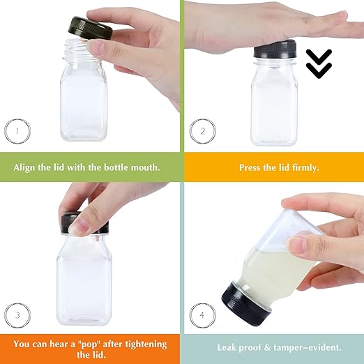 BAKHUK 108pcs 4oz 8oz 16oz Mini Plastic Juice Bottles with Caps Empty Reusable Clear Bulk Beverage Containers for Juice Milk and Other Beverages