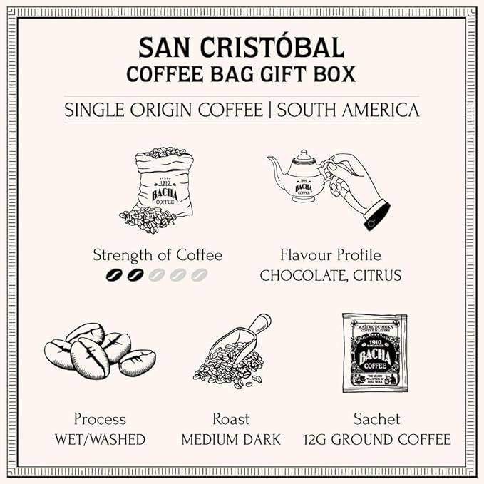 Bacha Coffee | San Cristóbal Ecuador Single Origin Medium Dark Roast 100% Arabica Specialty Coffee 12 Coffee Drip Bags Gift Box