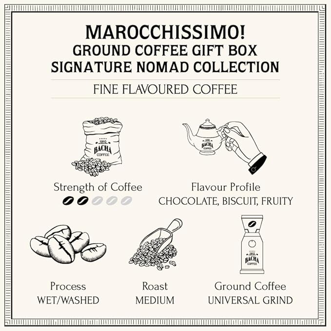 Bacha Coffee | Marocchissimo! Fine Flavoured Ground Beans Medium Roast 100% Arabica Specialty Coffee 250g Signature Nomad Collection Gift Box