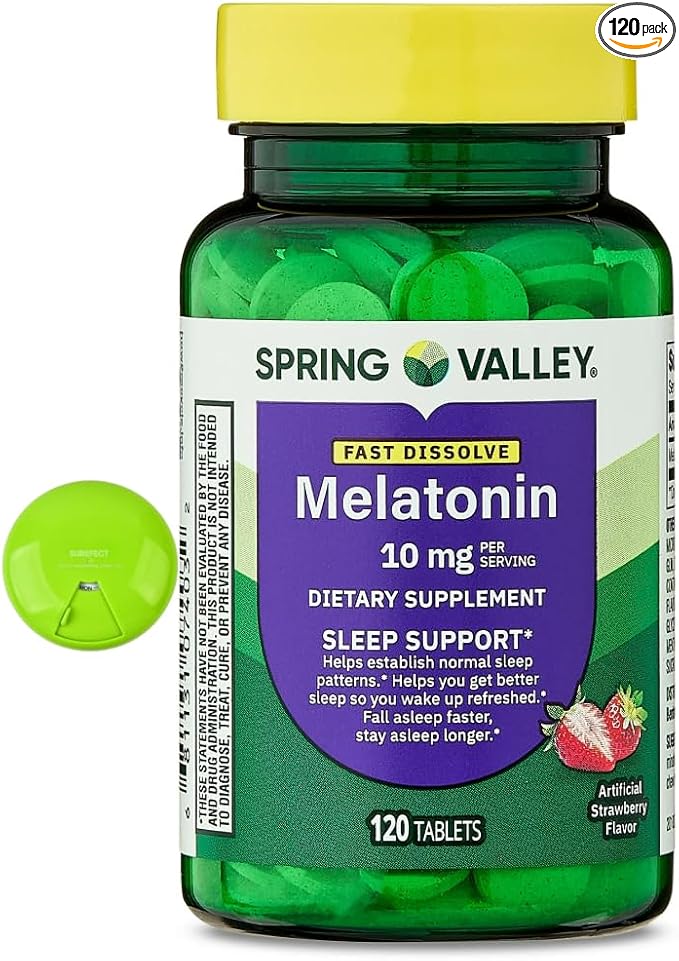 SUREFECT Spring Valley Melatonin 10mg Tablets - 120 Count - Strawberry Flavor Sleep Support Allergen-Free Organizer.