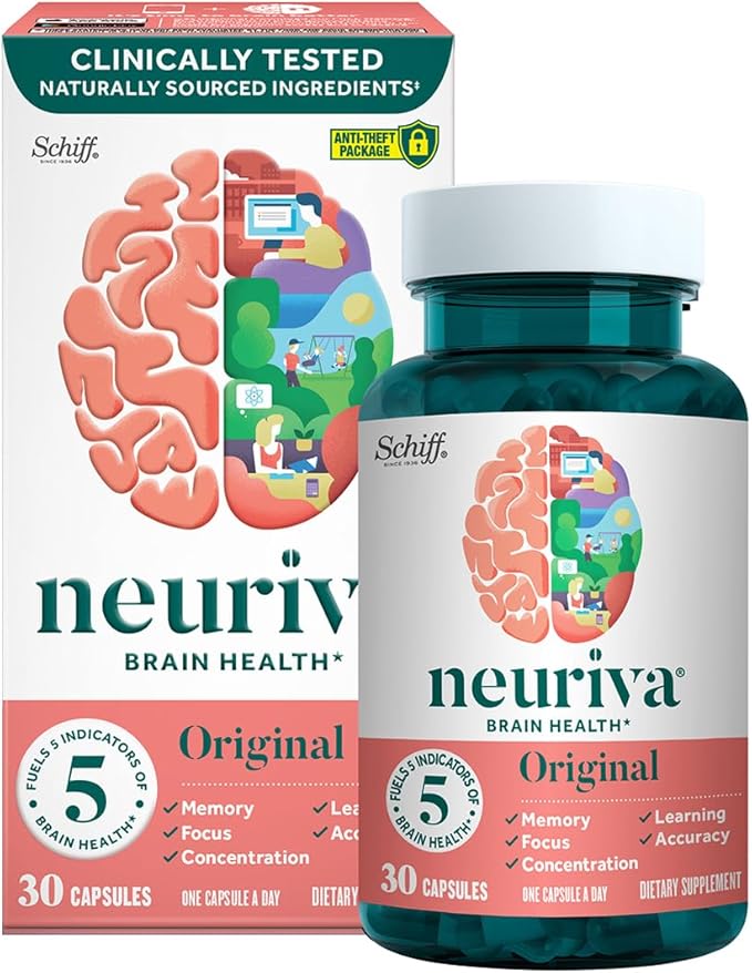 NEURIVA Original Brain Supplement for Memory Focus &amp Concentration + Learning &amp Accuracy with Clinically Tested Nootropics Phosphatidylserine and Neurofactor Caffeine Free 30 Capsules (2 Pa