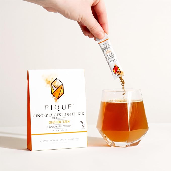 Pique Organic Ginger Digestion Elixir - Caffeine-Free Herbal Tea Support Healthy Digestion and Metabolism - 28 Single Serve Sticks (Pack of 2)