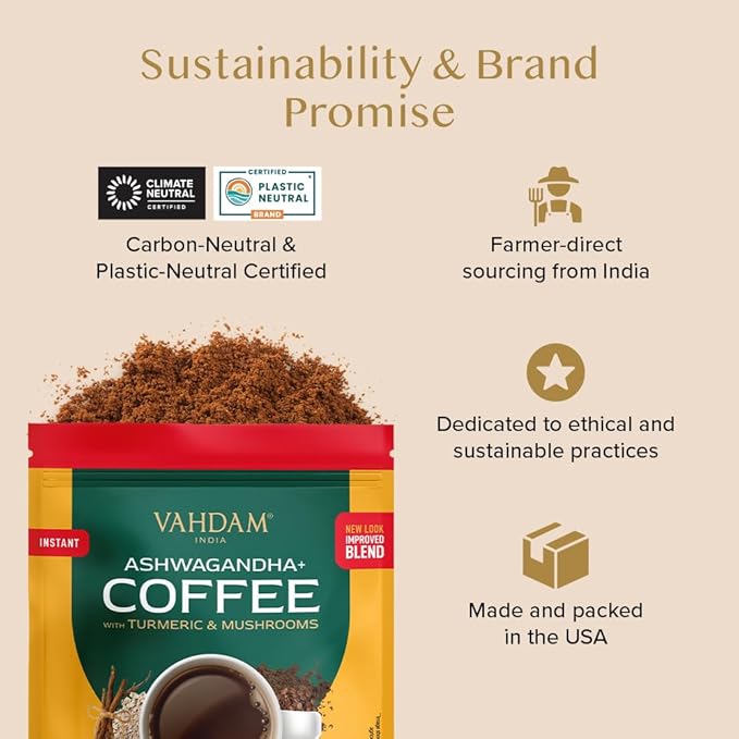VAHDAM Ashwagandha Coffee with Turmeric Lion’s Mane &amp Chaga Mushroom | Clinically Proven KSM 66 Ashwagandha &amp Pure Arabica Coffee | Stress &amp Cortisol Support Better Energy - 40 servings