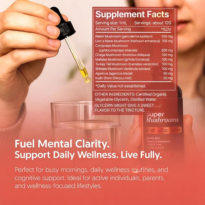 Super Mushroom Complex 8 in 1 Liquid Extract - 4 fl oz Drops with Reishi Lion’s Mane Cordyceps Chaga Maitake Turkey Tail Shiitake Agaricus for Focus Immune Wellness and Daily Energy