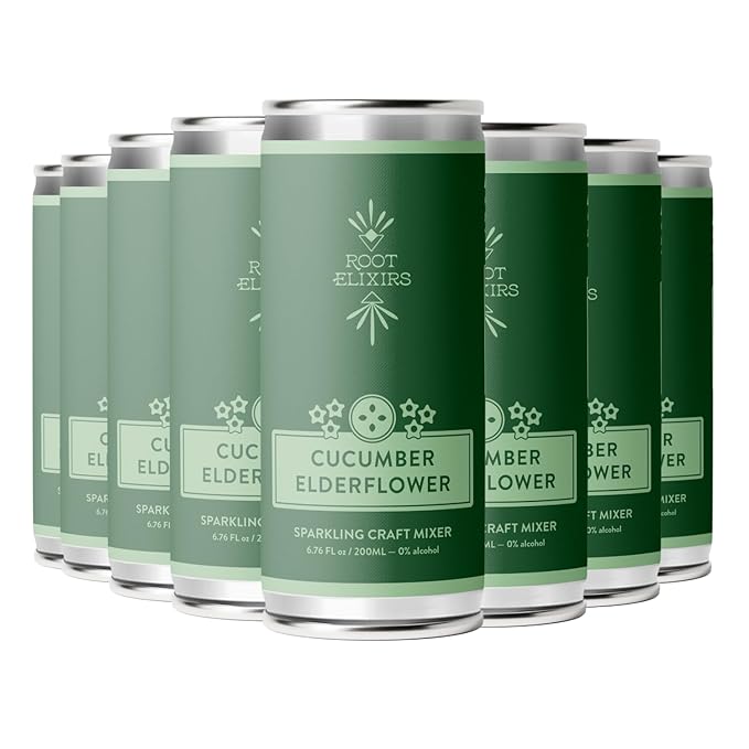 Root Elixirs Cucumber Elderflower Sparkling Cocktail Mixer Zero-Proof Mocktail Mixer Real Citrus + Elderflower 200ml Cans (8-Pack)