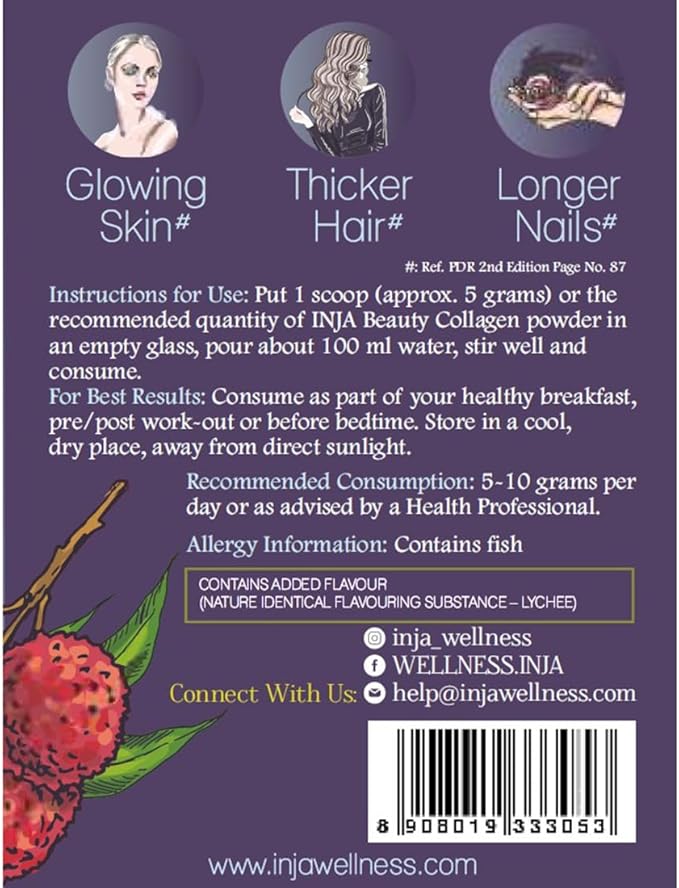 INJA Wellness Beauty Marine Collagen Supplement for Women Men Vitamin C Collagen with Japanese Formulation Healthy Joints Muscles Skin and Hair Sugar and Gluten Free Lychee Flavor 125gm