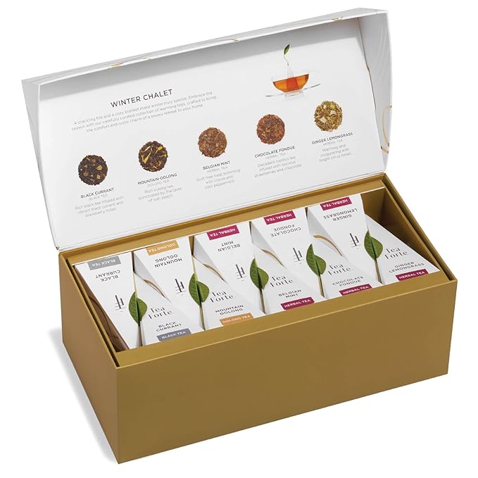 Tea Forte Premium Presentation Box Gift Set Sampler 20 Count Assorted Blends Individually Wrapped Handcrafted Pyramid Infuser Bags Winter Chalet
