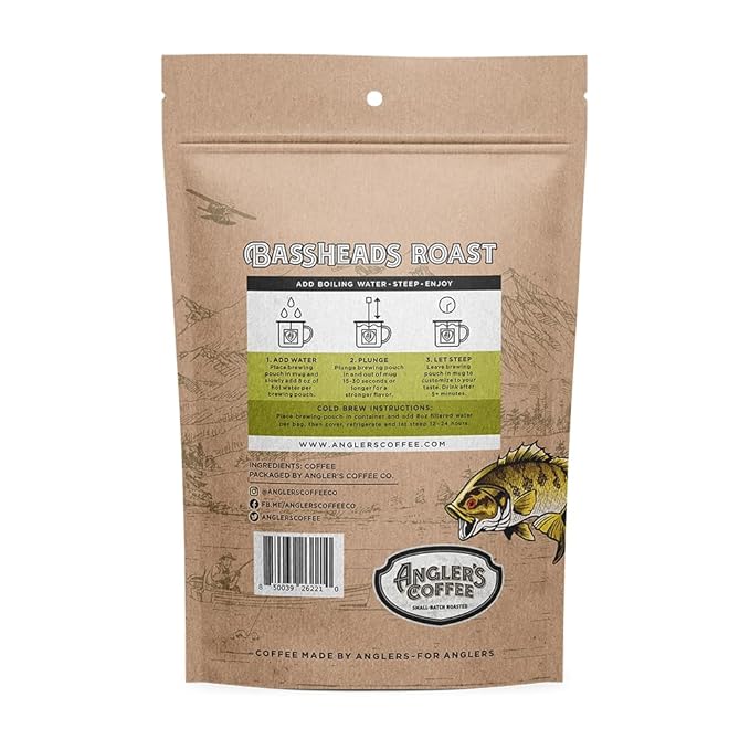 Angler’s Coffee Bassheads Single Serve Med-Roast Fresh Brew Coffee Pouch - Carefully Roasted Freshly Ground &amp Nitro-Flushed Quality Coffee - Just add Water - 10 ct