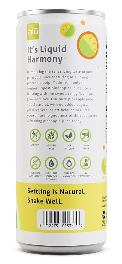 ALO Slim Can Juice Pineapple with Real Fruit Pulp| 10.82 fl oz Pack of 12 | Plant-Based Beverage 100% Natural Juice