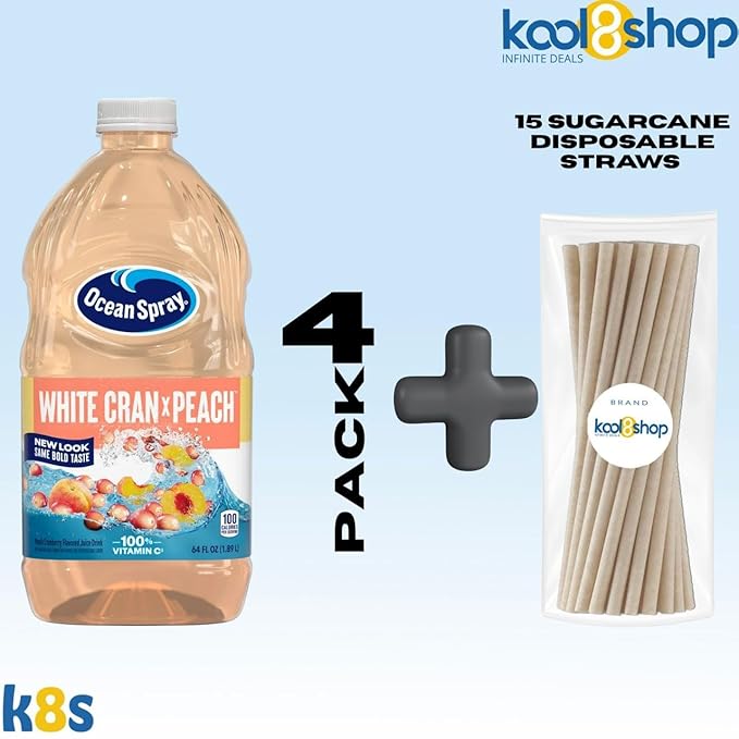 Ocean Spray White Cran Peach Juice Drink 64 fl oz Plastic Bottles 4 Pack + 15 Sugarcane Disposable Straws by KOOL8SHOP Infinite Deals