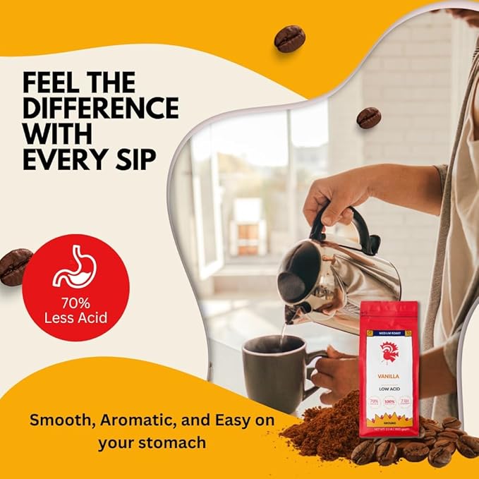Puroast Low Acid Coffee Flavored Coffee | Vanilla Ground | Medium Roast | High Antioxidants &amp High pH |No Bitter Aftertaste | Reduced Heartburn &amp GERD | Suitable for Cold Brew - 2.2 LB