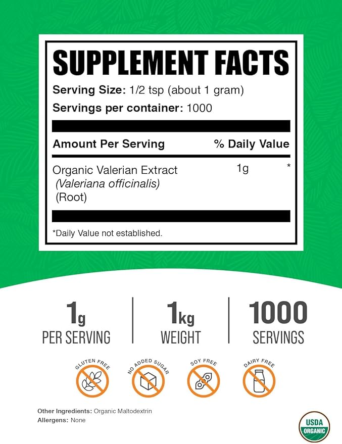 BulkSupplements.com Organic Valerian Extract Powder - Sourced from Valerian Root Herbal Supplement - Gluten Free 1g per Serving 1kg (2.2 lbs) (Pack of 1)