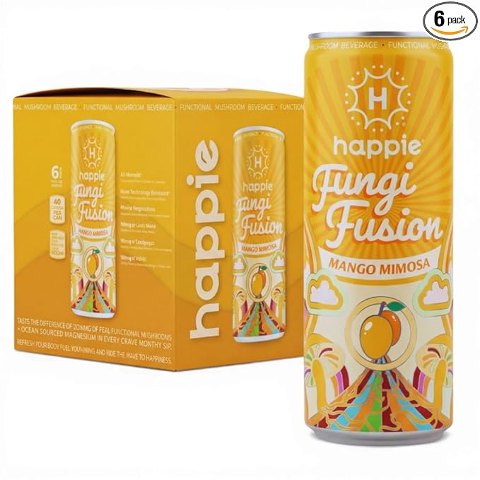 Happie Fungi Fusion Mango – Sparkling Adaptogen Drink with Lion’s Mane Cordyceps &amp Red Reishi – Plant-Based Nootropic 40 Calorie Zero Sugar Added Vegan Functional Soda Alternative (6 pack)