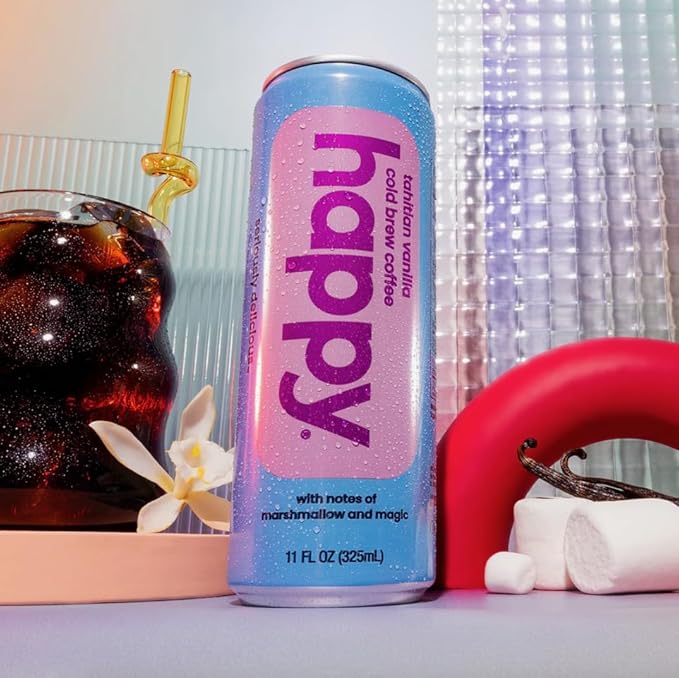 happy coffee tahitian vanilla cold brew 11 oz. cans 12 pack notes of marshmallow &amp magic 100% arabica beans no artificial flavors or artificial sweeteners