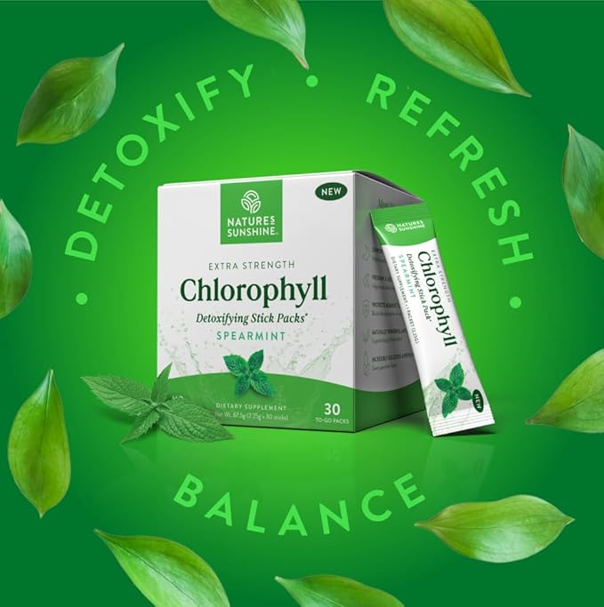 Nature's Sunshine Chlorophyll Stick Packs: Supercharge Your Detox and Boost Gut Health in Convenient Delicious Stick Packs (Spearmint)