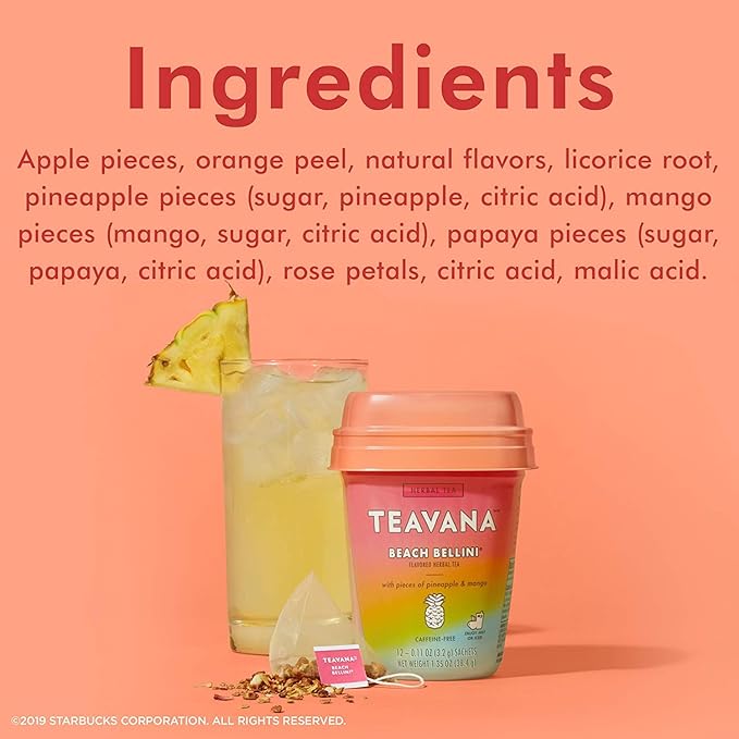 Teavana Beach Bellini and Lemon Ginger Bliss Herbal Tea - 12 Sachets Each (24 Total) Plus 12 GoHealthful Pure Raw Organic Honey Sticks Equal to 2.11 Ounces of Clover Honey