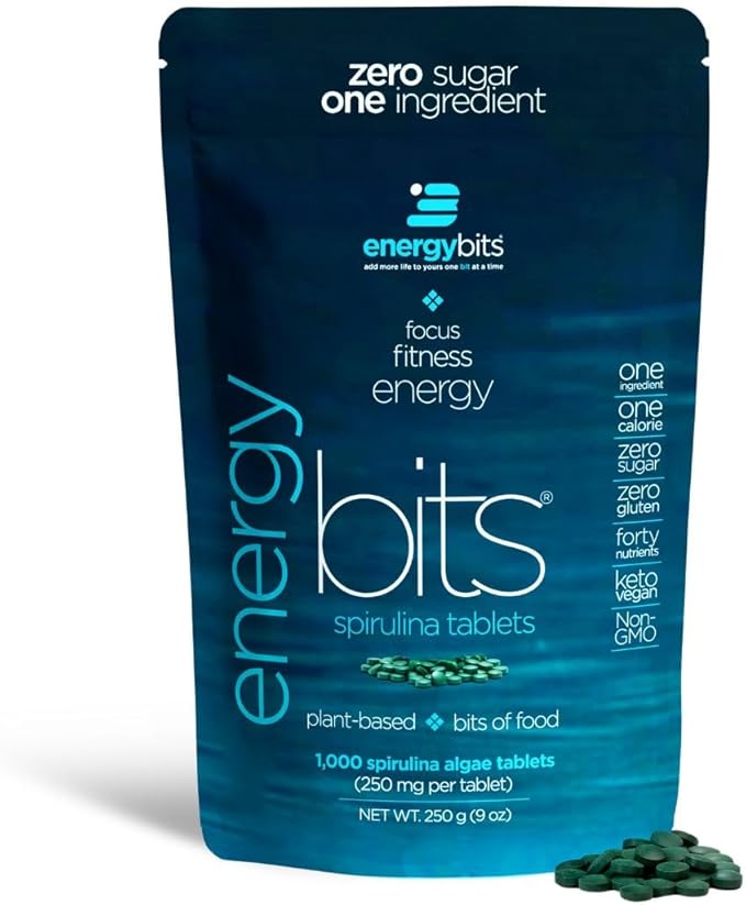 ENERGYBITS - Organic Spirulina Tablets - Plant-Based Algae Superfood - for Focus Fitness Energy - Plant Protein - Gluten Free - Collagen Vitamin B12 Omega 3 - Keto &amp Vegan - 1000 Algae Tablets