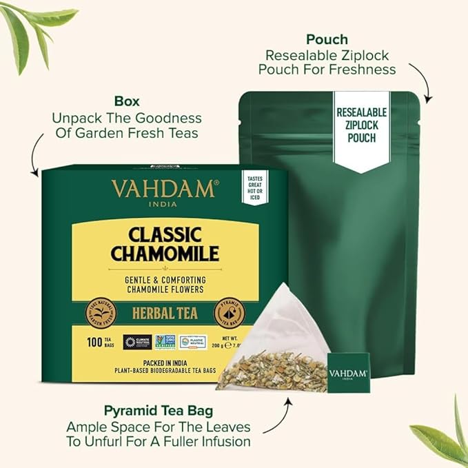 VAHDAM Chamomile Herbal Tea (100 Pyramid Tea Bags) Resealable Ziplock Pouch | Caffeine Free Non GMO Gluten Free | 100% Pure Tisane - Sweet &amp Floral | Made With Natural Chamomile Flowers