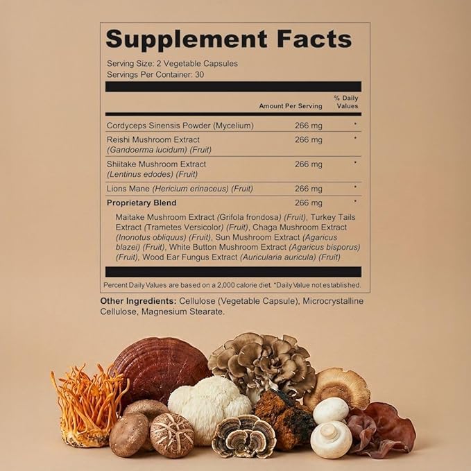 Vital 10-in-1 Mushroom Supplement Complex – High Potency Lion’s Mane Cordyceps Reishi &amp Turkey Tail Capsules – Nootropic Brain Support for Memory Focus &amp Energy – 30 Day Supply