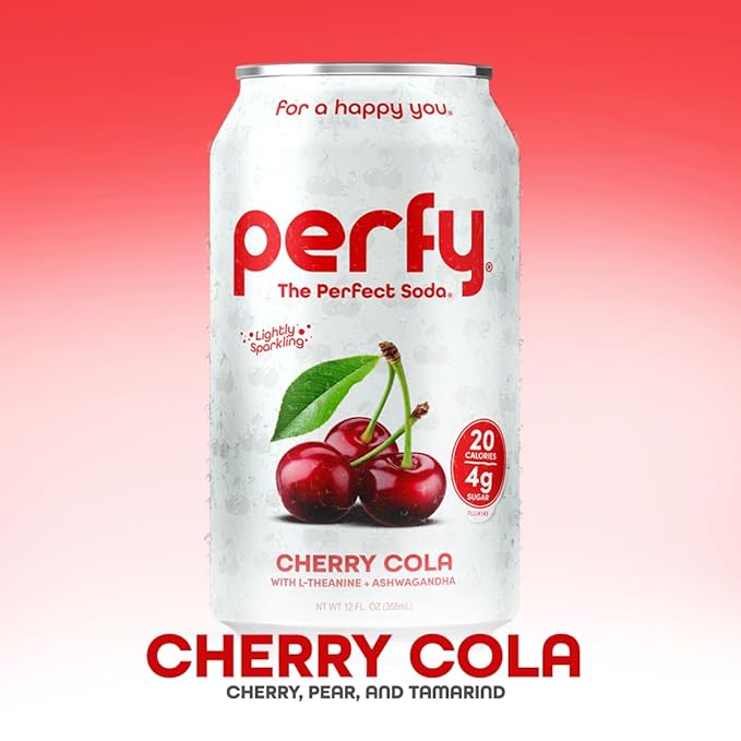 PERFY Caffeine Free Cherry Cola Soda | Made With Real Juice – Low Sugar Nootropic Drink with L-Theanine + Ashwagandha | Calming Adaptogen Mocktail | Keto | Sweetened with Stevia &amp Monk Fruit | 12-