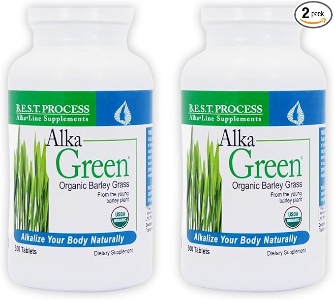 Alka•Green Tablets (2 Pack) Best Process Alkaline — Nutrient Dense Organic Barley Grass Supplement — Natural Source of Enzymes &amp Amino Acids