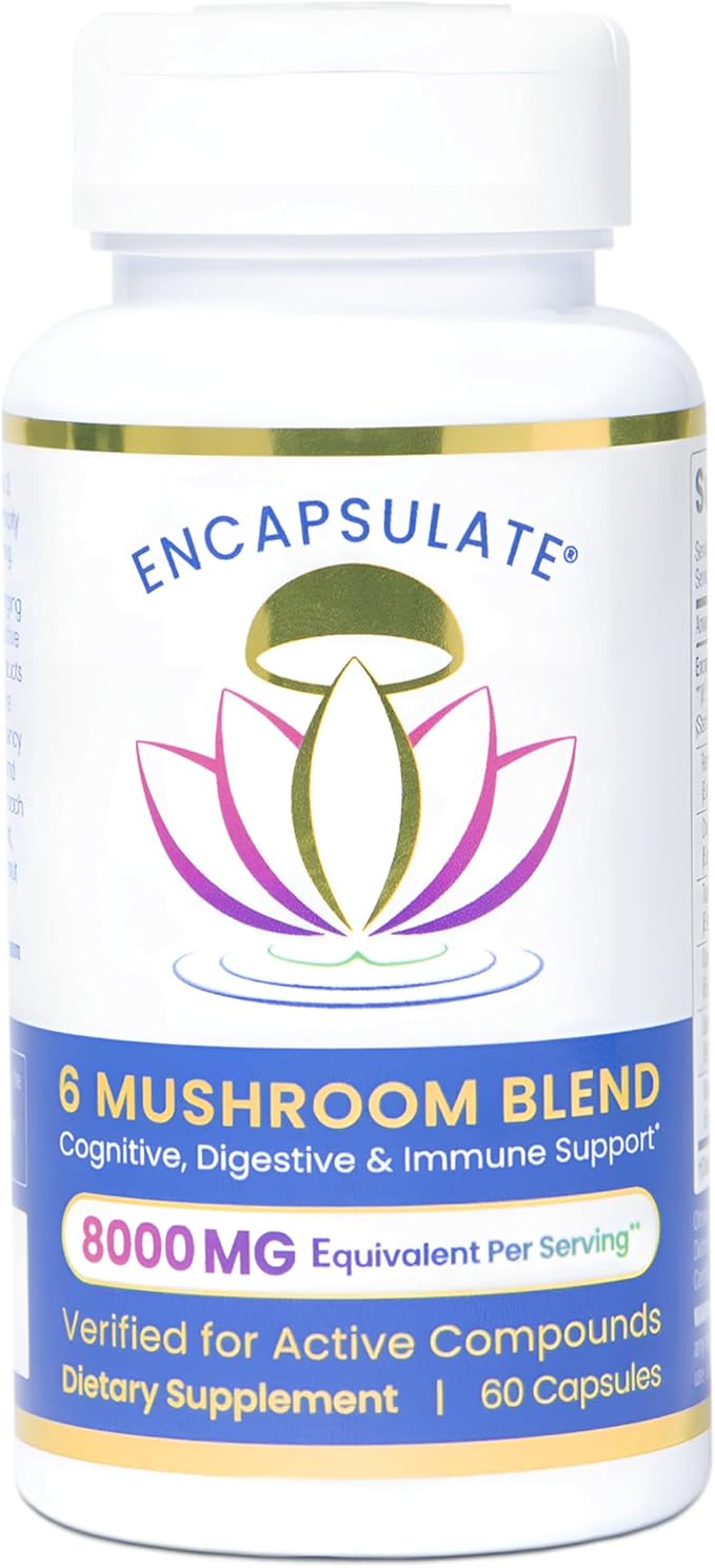 ENCAPSULATE 6 Mushroom Blend – Reishi Chaga Turkey Tail Cordyceps Lion’s Mane &amp Shiitake 8:1 Mushroom Extract – Nootropic &amp Adaptogen Mushroom Supplement for Gut Brain &amp Immune Suppor