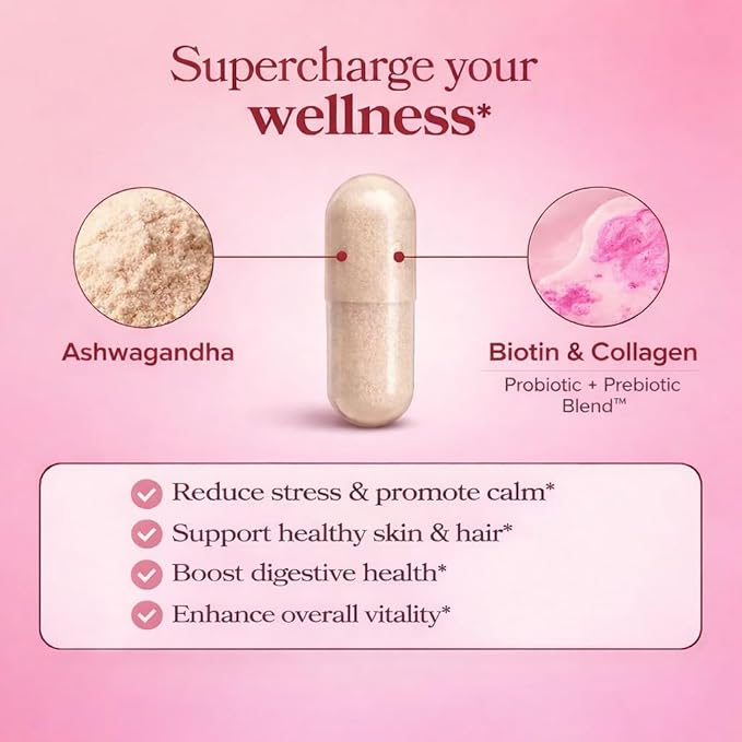 Ashwagandha for Women with Biotin &amp Collagen – 500mg Female-Optimized Stress &amp Hormone Support Hair Skin &amp Nails – Non-GMO Gluten-Free Capsules 60 Count - 2-Month Supply