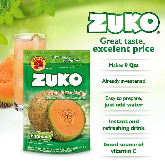 Zuko Cantaloupe Powdered Drink Mix Family Pack No Added Sugar Needed 14.1 oz (Pack of 6)