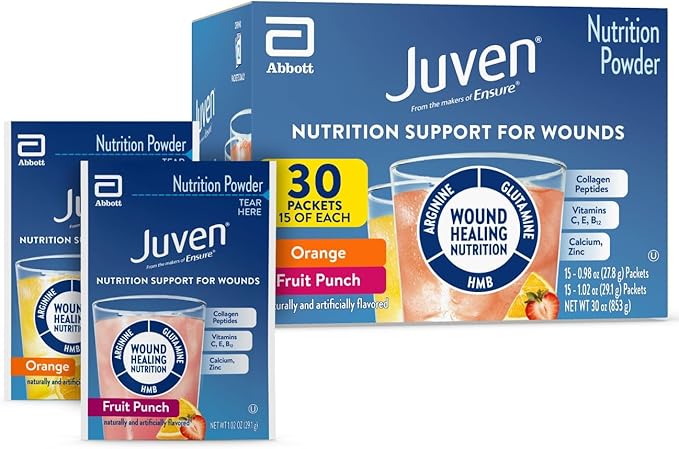 Juven Therapeutic Nutrition Drink Powder Including Collagen Peptides Amino Acids and HMB For Wound Healing Support Variety Pack: Orange &amp Fruit Punch 30 Packets
