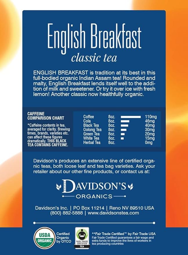 Davidson's Organics English Breakfast 8-count Tea Bags Pack of 12