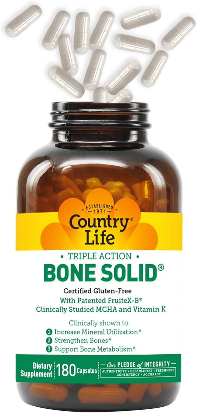 Country Life Bone Solid - Bone Health Supplement with Microcrystalline Hydroxyapatite (MCHA) Calcium Magnesium Zinc Vitamins K2 &amp D3 for Enhanced Bone Strength &amp Metabolism - 180 Capsules