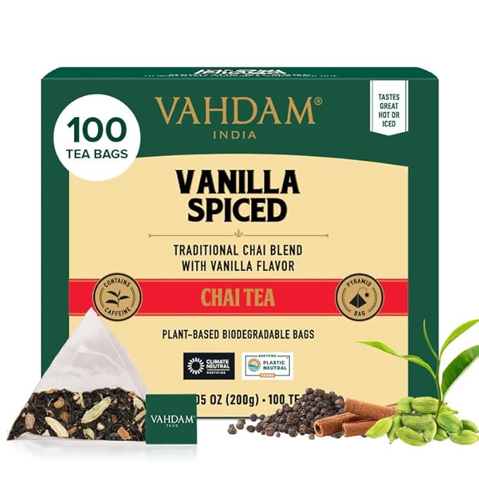 VAHDAM Vanilla Spiced Chai Tea | 100 Tea Bags | Delicious Blend of Vanilla Masala Chai | Brew Hot Cold or Iced