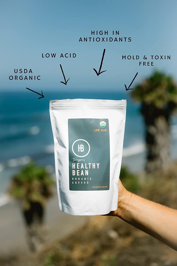Healthy Bean Organic Espresso Ground Coffee Dark Roast - Low Acid Coffee Grounds for Sensitive Stomach - Dark Espresso Roast USDA Organic High Antioxidants Strong and Rich Flavor 11oz