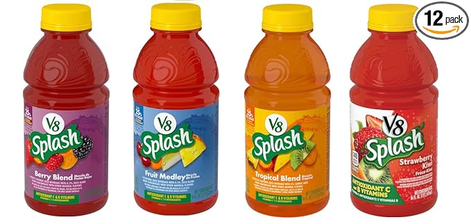V8 Splash Juice Variety Pack - 12 Pack (3 Bottles of Each Flavor) - 16oz Bottles - Fruit Medley Berry Blend Tropical Blend Strawberry Kiwi - Refreshing and Delicious Fruit Flavored Drinks - Perfect