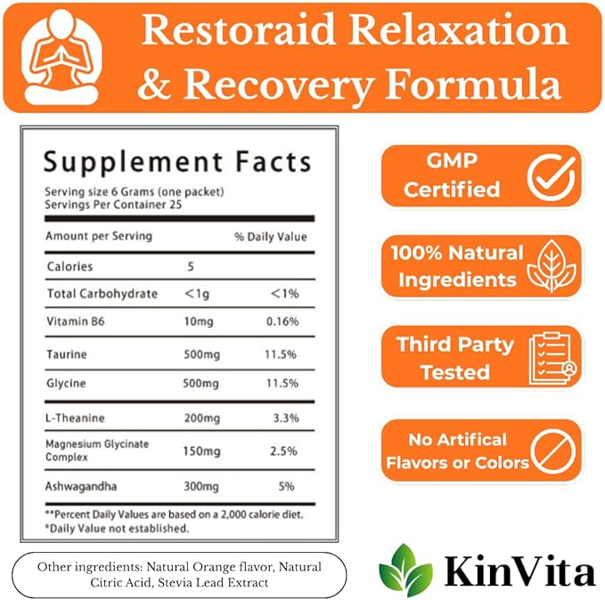 Restoraid Relaxation Drink Mix – 25 Packets | Magnesium L-Theanine Ashwagandha Taurine Glycine | Calming &amp Relaxing Supplement (Orange)