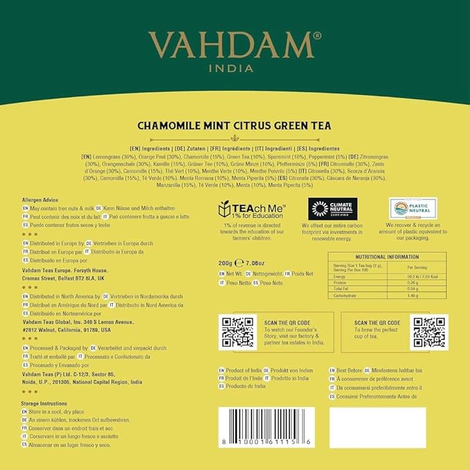 VAHDAM Chamomile Herbal Tea (100 Pyramid Tea Bags) Resealable Ziplock Pouch | Caffeine Free Non GMO Gluten Free | 100% Pure Tisane - Sweet &amp Floral | Made With Natural Chamomile Flowers