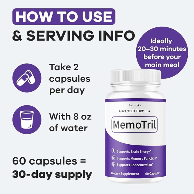 LIVORKA Memotril Capsules - Official Memo Tril Advanced Brain Health Supplement Support Pills All Natural Formula Memotril Vitamins for Overall Health &amp Wellness Reviews 60 Capsules for 1 Month