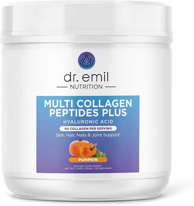 DR. EMIL NUTRITION Multi Collagen Peptides Plus - Pumpkin Flavor | 9g Collagen with Hyaluronic Acid for Skin Hair Nails &amp Joint Support | Non-GMO Gluten-Free 10.7 oz
