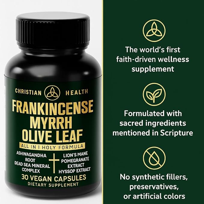 Christian Health Frankincense Myrrh Olive Leaf Capsules – Ashwagandha Lion’s Mane Pomegranate Hyssop &amp Dead Sea Minerals – Vegan Non-GMO GMP Certified Faith-Based Herbal Supplement – 30 Ct