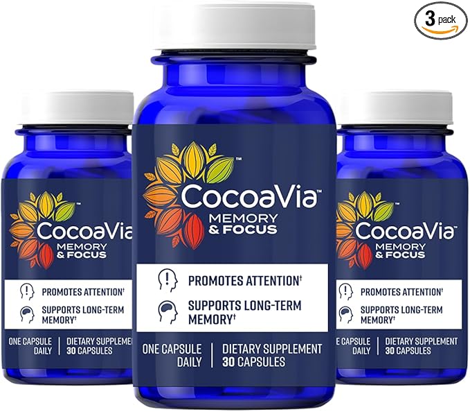 CocoaVia Memory &amp Focus Brain Supplement 90 Day Cocoa Flavanol Blend Lutein Added Caffeine for Boost. Improve Cognitive Function Attention Vegan &amp Plant Based 90 Capsules