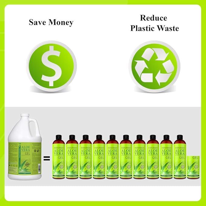 Seven Minerals Organic Aloe Vera Gel from freshly cut 100% Pure Aloe - 1 Gallon - HighestQuality Texas grown Vegan Unscented - For Face Skin Hair Sunburn Relief - Bulk DIY (128 Fl Oz)
