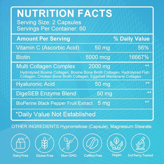 Multi-Collagen Complex + Biotin + Vitamin C – Types I II III V &amp X – Natural Supplement for Hair Skin Nails &amp Joint Support 2 Month Supply 120 Softgels