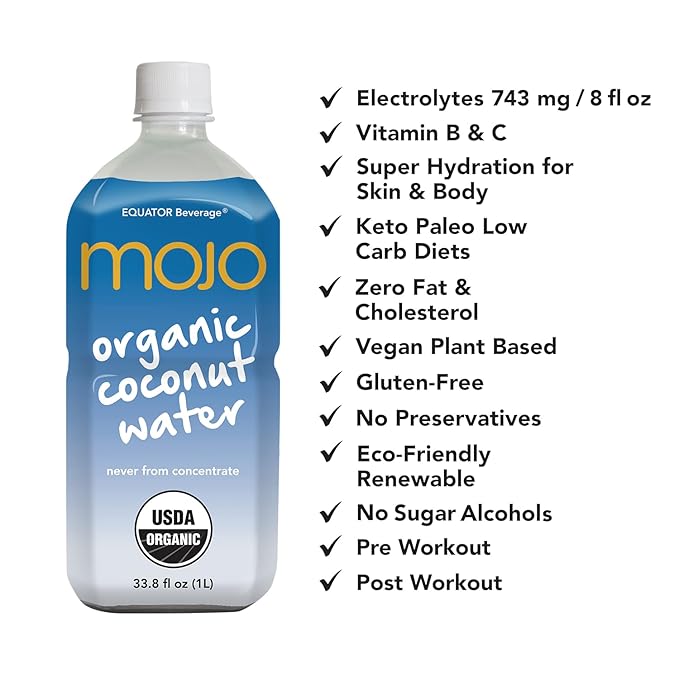 MOJO Organic Coconut Water | Hydration Drink &amp Sports Drink | Electrolytes Beverage 1043 mg | Vitamin B &amp C | Hydration Drink for Skin &amp Body | 33.8 Oz (Pack Of 6)