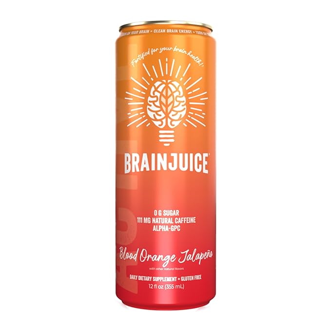 Brainjuice Brain Health Support Drink for Energy &amp Focus Vitamin C B5 B6 &amp B12 L Theanine Alpha GPC CoQ10 &amp Green Tea Caffeine Gluten Free Vegan Blood Orange Jalapeno 12 Oz Can