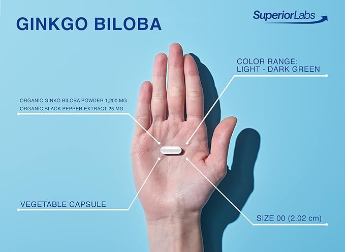 Superior Labs Ginkgo Biloba 1200 mg Non-GMO Black Pepper for Increased Absorption Ginkgo Extract Improves Memory &amp Focus Circulation Booster Natural Antioxidant Nootropic 120 Veg Caps