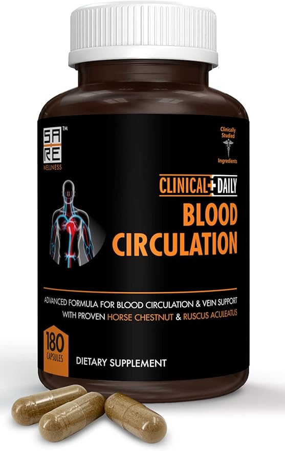 Clinical Daily Blood Circulation Supplements. Butchers Broom Horse Chestnut Hawthorn Cayenne Arginine Diosmin Varicose Veins Treatment for Legs. Poor Circulation and Vein Support. 180 Capsules.