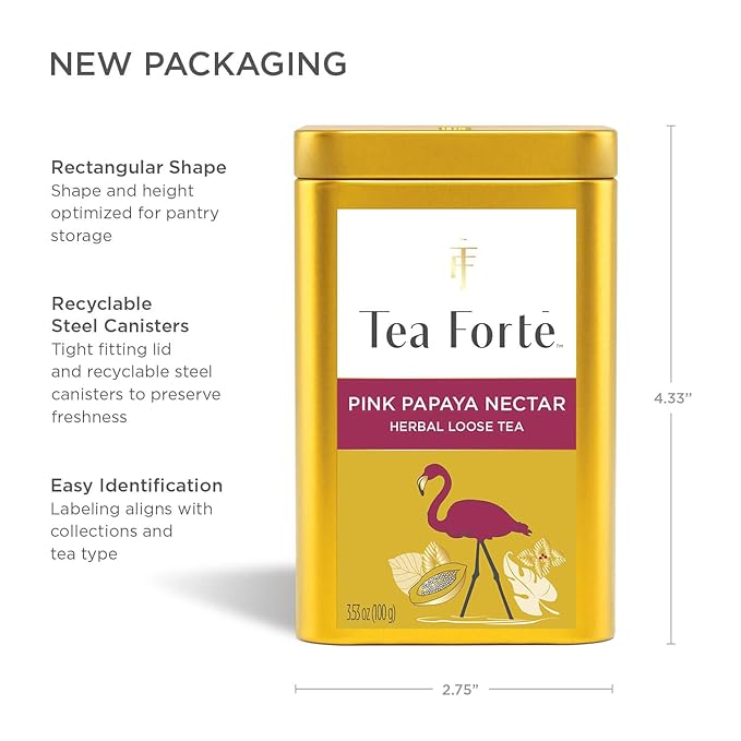 Tea Forte Pink Papaya Nectar Premium Loose Leaf Caffeine-Free Herbal Tea Blend Canister Makes 35-50 Cups