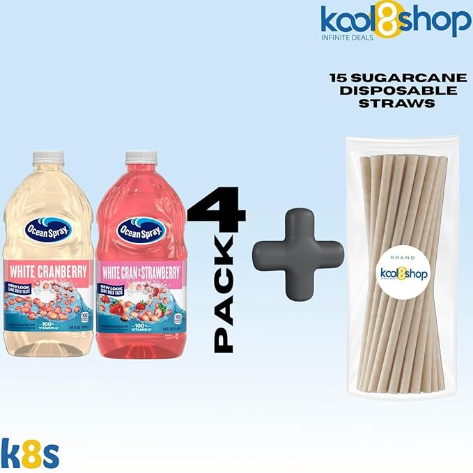 Ocean Spray White Cran Strawberry and White Cranberry Juice Drink 64 fl oz Plastic Bottles 4 Pack + 15 Sugarcane Disposable Straws by KOOL8SHOP Infinite Deals