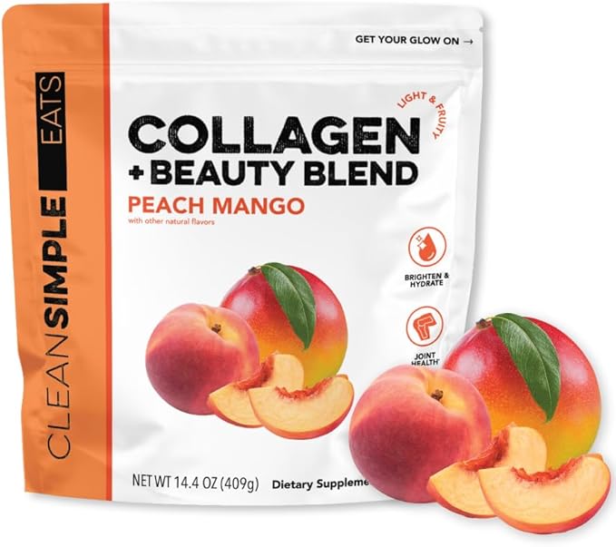 Clean Simple Eats Collagen Powder + Beauty Blend Peach Mango 11G Hydrolyzed Collagen Peptides from Grass Fed Bovine &amp Chicken Hyaluronic Acid for Hair Skin Nail &amp Joint Support 30 Servin